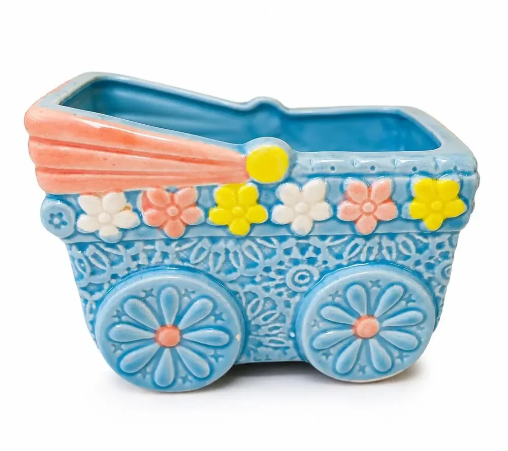 Vintage Baby Carriage Planter Japan Pastel Ceramic Nursery Flower Pot